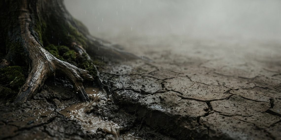 Hình ảnh dòng nước mưa chảy về rãnh thấp nuôi dưỡng rễ cây, minh họa Đạo Đức Kinh Chương 8