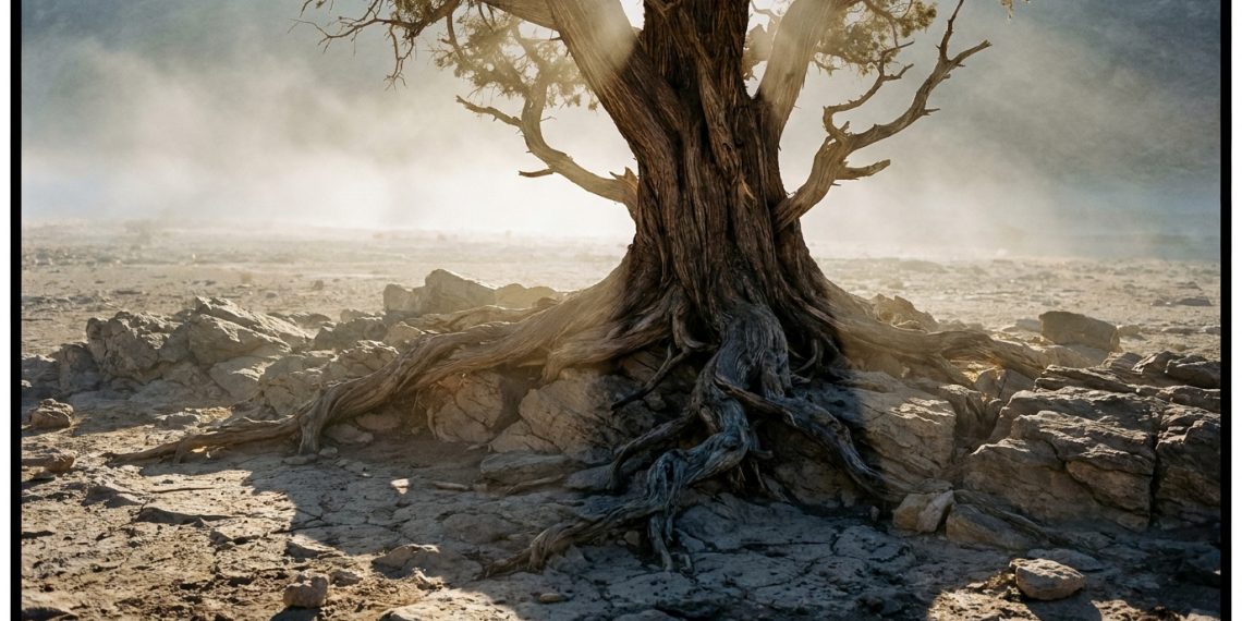 Hình tượng một thân cây đứng thẳng, rễ cắm sâu vào lòng đất cằn cỗi, biểu trưng cho sự tự lập và tinh thần tự cường trong Khuyến Học của Fukuzawa Yukichi.